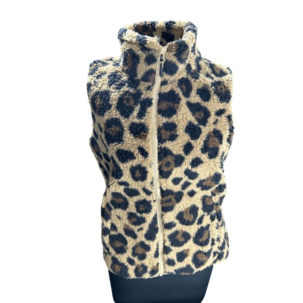Leopard Print Faux Fur Zip-Up Vest Medium